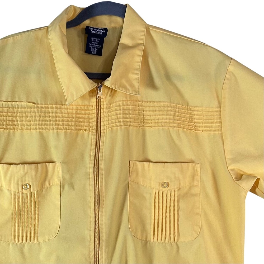 Vintage John Blair Zip Up Shirt Mens L Yellow Pleated Retro Casual Bomber Style